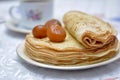 Hot pancakes, fragrant tea and jam Royalty Free Stock Photo