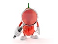 Hot paprika character looking through magnifying glass