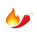 Hot pepper chilli icon vector logo or red spicy food jalapeno mexican with fire flame graphic isolated on white illustration image Royalty Free Stock Photo