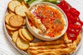 Hot Pepper Jelly Cheese Dip with crackers, veggies