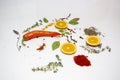 Hot pepper, orange rings, thyme, basil, paprika, turmeric and other spices