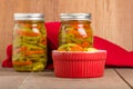 Hot pepper slices canned in mason jars Royalty Free Stock Photo