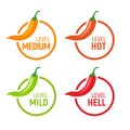 Hot pepper spicy heat level icon. Chili pepper symbol vector scale spice fire logo label