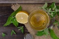 Hot peppermint tea with lemon on wooden background Royalty Free Stock Photo