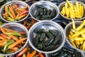 Hot peppers different varieties is on the plates on the counter market. Chile pepper, Cayenne pepper, Pungent bouquet of pepper, C