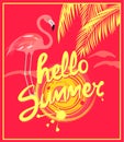 Hot pink banner with hello summer lettering, sun, yellow palm leaves and flamingo. Art deco style Royalty Free Stock Photo