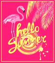 Pink banner with yellow color hello summer hand drawing lettering, sun, pink palm leaves and flamingo. Art deco style