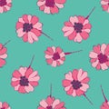 Hot pink Gerbera floral vector seamless pattern background. Line art hand drawn Barberton Daisy flower heads, blossom Royalty Free Stock Photo
