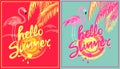 Hot pink and mint color posters with hello summer lettering, sun, yellow and pink palm leaves and rose color flamingo. Variation i Royalty Free Stock Photo