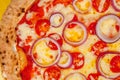 Hot pizza close-up. Cheese onion and tomato on scorched base. Royalty Free Stock Photo