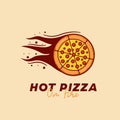 Hot pizza on fire pizzeria restaurant logo with full round pizza in flame icon logo illustration