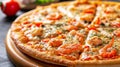 Hot pizza italian cheese crust seafood topping sauce vegetables delicious fast food. Generative Ai Royalty Free Stock Photo