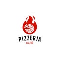 Hot pizza logo with fire flame spicy hot icon for a cafe and restaurant