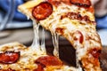 Hot pizza slice, melting cheese, pizza piece, pepperoni pizza, I