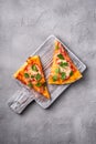 Hot pizza slices with mozzarella cheese, ham, tomato and parsley on wooden cutting board, stone concrete background