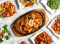 hot plate beancurd shrimp, dried shrimp fried french beans, ginger onion fish fillet, baby kailan or kai lan, sambal sotong, curry Royalty Free Stock Photo