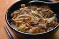 Japanese onion beef rice bowl chopstick spoon Royalty Free Stock Photo