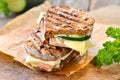 Hot pressed rye bread sandwich with turkey and brie