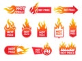 Hot price. Promotional badges with stylized flame shopping sales deals and discount for retailers perfect offers recent Royalty Free Stock Photo