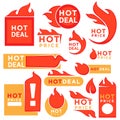 Hot price tags with fire symbol set isolated on white Royalty Free Stock Photo