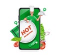 Hot promotion text in front of chef holding fork and food cover and all display on smartphone and there are vegetables and bag or Royalty Free Stock Photo