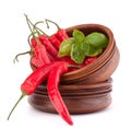 Hot red chili or chilli pepper in wooden bowls stack Royalty Free Stock Photo