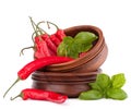 Hot red chili or chilli pepper in wooden bowls stack Royalty Free Stock Photo