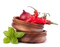 Hot red chili or chilli pepper in wooden bowls stack Royalty Free Stock Photo
