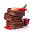 Hot red chili or chilli pepper in wooden bowls stack Royalty Free Stock Photo