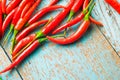 Hot red chili pepper on a old blue color wooden table with plac Royalty Free Stock Photo