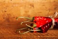 Hot red chillies paper bunch inside wooden case