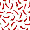 Hot red Chilly peppers on white seamless pattern background, cartoon mexican chilli, paprika icon signs. Spicy food