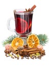 Hot red christmas mulled wine in glass with spices and fruits isolated on white background. Royalty Free Stock Photo