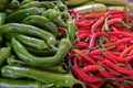 Hot red and green chili peppers at farmers market Royalty Free Stock Photo