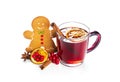 Hot red mulled wine with gingerbread cookie isolated on white background with christmas spices, orange slice, anise and cinnamon Royalty Free Stock Photo