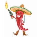 Burning red pepper. The Mexican character. Watercolor. Royalty Free Stock Photo