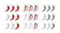 Hot red pepper strength scale. Set of indicator with mild, medium and hot icon positions isolated on white background.