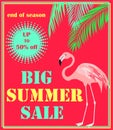 Hot red poster with big summer sale lettering, offer label, palm leaves and flamingo. Art deco style. Vector background for banne