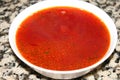 Hot red Ukrainian borscht closeup