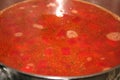 Hot red Ukrainian borscht closeup