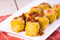 Processed siomai with chili sauce Royalty Free Stock Photo