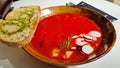 Hot rich fresh borscht, beet soup with vegetables on a plate