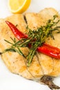 Hot roast fillet fish on plate with chili Royalty Free Stock Photo