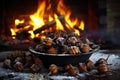 hot roasted chestnuts on an open fire with snowflakes falling