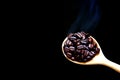 Hot roasted coffee beans in wood spoon from the coffee roasting machine isolate on black background Royalty Free Stock Photo