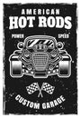 Hot rod car vector poster vintage illustration in black and white style with grunge textures on separate layers Royalty Free Stock Photo