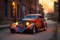 a hot rod with flames painted on the side, parked on a street Royalty Free Stock Photo