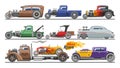 Hot rods car vector vintage classic vehicle and retro auto transport roadster illustration set of hot-rods automobile Royalty Free Stock Photo