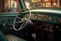 hot rods dashboard with classic gauges and steering wheel