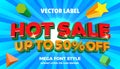 Hot sale. 3D shopping discount. Font template for big title. Typography banner. Radial beams effect. Bold text type